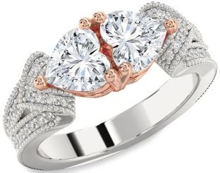 Diamond Silver & 10K Rose Gold Two Heart Pave Ring