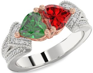 Diamond Emerald Silver & 10K Rose Gold Two Heart Pave Birthstone Ring
