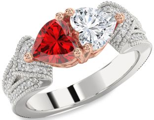 Diamond Emerald Platinum & Rose Gold Two Heart Pave Birthstone Ring