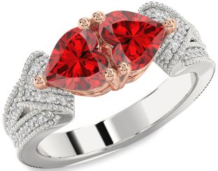 Diamond Emerald Platinum & Rose Gold Two Heart Pave Birthstone Ring