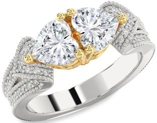 Diamond Silver & 10K gold Two Heart Pave Ring