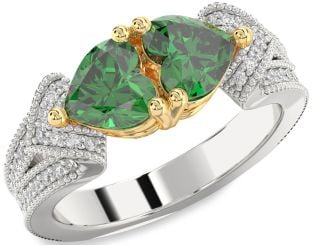 Diamond Emerald Platinum & Yellow Gold Two Heart Pave Birthstone Ring