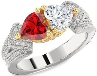 Diamond Emerald Platinum & Yellow Gold Two Heart Pave Birthstone Ring