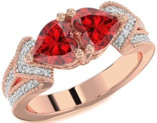 Diamond Emerald Rose Gold Two Heart Pave Birthstone Ring