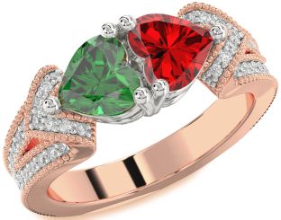 Diamond Emerald Platinum & Rose Gold Two Heart Pave Birthstone Ring