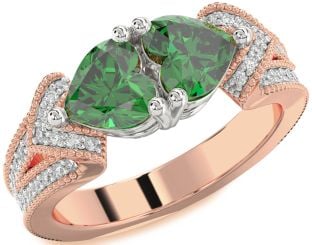 Diamond Emerald Platinum & Rose Gold Two Heart Pave Birthstone Ring