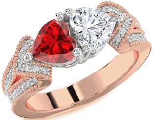 Diamond Emerald Platinum & Rose Gold Two Heart Pave Birthstone Ring