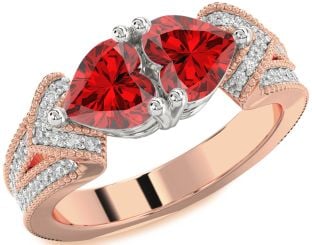 Diamond Emerald White Rose Gold Two Heart Pave Birthstone Ring