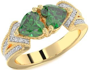 Diamond Emerald Gold Two Heart Pave Birthstone Ring