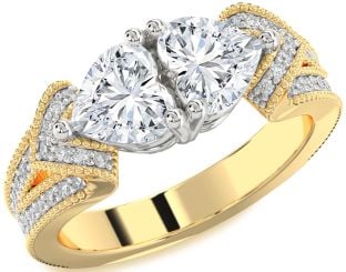 Diamond White Yellow Gold Two Heart Pave Ring