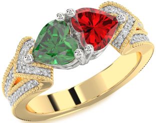 Diamond Emerald Platinum & Yellow Gold Two Heart Pave Birthstone Ring