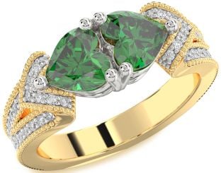 Diamond Emerald Platinum & Yellow Gold Two Heart Pave Birthstone Ring