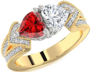 Diamond Emerald Platinum & Yellow Gold Two Heart Pave Birthstone Ring