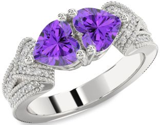 Diamond Emerald Silver Two Heart Pave Birthstone Ring