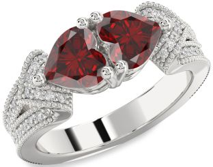 Diamond Emerald Silver Two Heart Pave Birthstone Ring