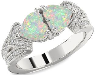 Diamond Emerald Silver Two Heart Pave Birthstone Ring