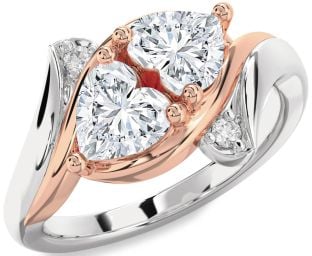 Diamond Silver & 10K Rose Gold Two Heart Ring