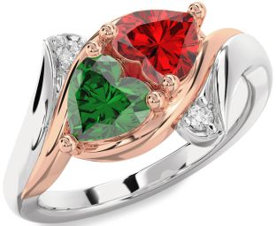 Diamond Emerald Silver & 10K Rose Gold Two Heart Birthstone Ring