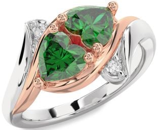 Diamond Emerald Silver & 10K Rose Gold Two Heart Birthstone Ring
