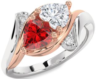Diamond Emerald Platinum & Rose Gold Two Heart Birthstone Ring