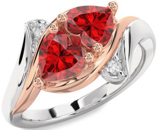 Diamond Emerald Platinum & Rose Gold Two Heart Birthstone Ring