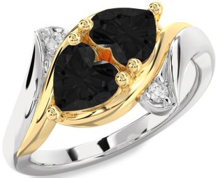 Black Diamond Gold Silver Two Heart Ring