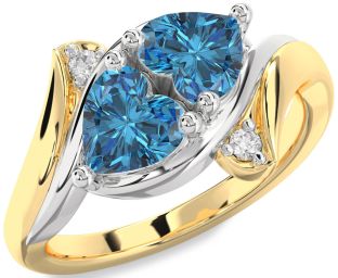 Blue Diamond Gold Silver Two Heart Ring