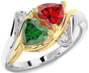 Diamond Emerald Silver & 10K gold Two Heart Birthstone Ring