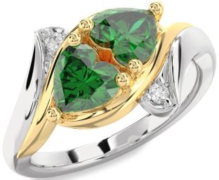 Diamond Emerald Platinum & Yellow Gold Two Heart Birthstone Ring