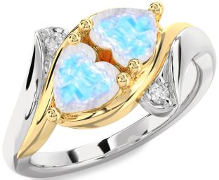 Diamond Moonstone Gold Silver Two Heart Ring