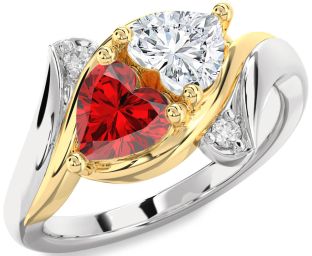 Diamond Emerald Platinum & Yellow Gold Two Heart Birthstone Ring