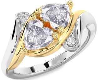 Salt & Pepper Diamond Gold Silver Two Heart Ring