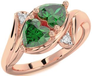 Diamond Emerald Rose Gold Two Heart Birthstone Ring