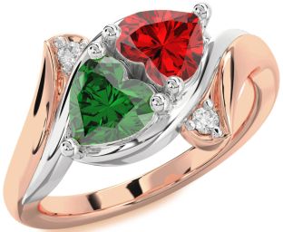 Diamond Emerald Platinum & Rose Gold Two Heart Birthstone Ring