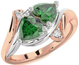 Diamond Emerald White Rose Gold Two Heart Birthstone Ring