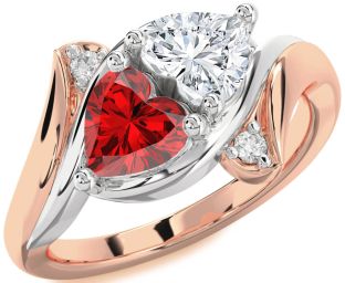 Diamond Emerald Platinum & Rose Gold Two Heart Birthstone Ring