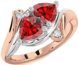 Diamond Emerald White Rose Gold Two Heart Birthstone Ring