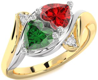 Diamond Emerald Platinum & Yellow Gold Two Heart Birthstone Ring