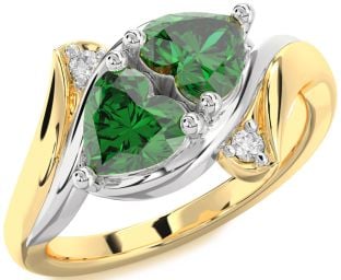 Diamond Emerald White Yellow Gold Two Heart Birthstone Ring