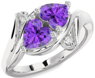 Diamond Emerald Silver Two Heart Birthstone Ring