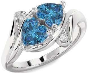 Blue Diamond Silver Two Heart Ring