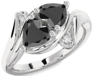 Diamond Black Onyx Silver Two Heart Ring