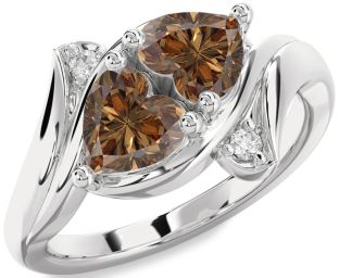 Chocolate Brown Diamond Silver Two Heart Ring