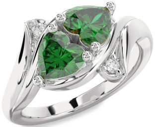Diamond Emerald Silver Two Heart Birthstone Ring