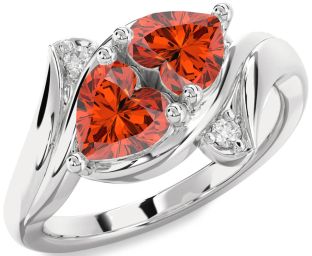 Diamond Emerald Silver Two Heart Birthstone Ring