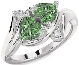 Green Diamond Silver Two Heart Ring