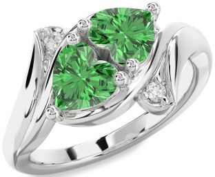 Diamond Green Sapphire Silver Two Heart Ring