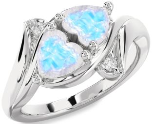 Diamond Emerald Silver Two Heart Birthstone Ring