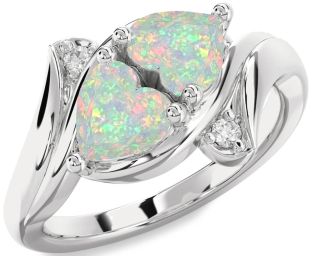 Diamond Emerald Silver Two Heart Birthstone Ring