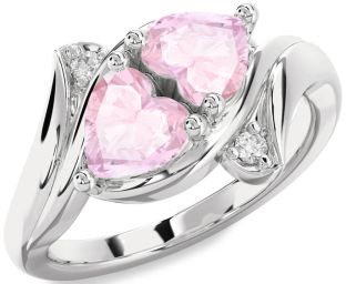 Diamond Rose Quartz Silver Two Heart Ring